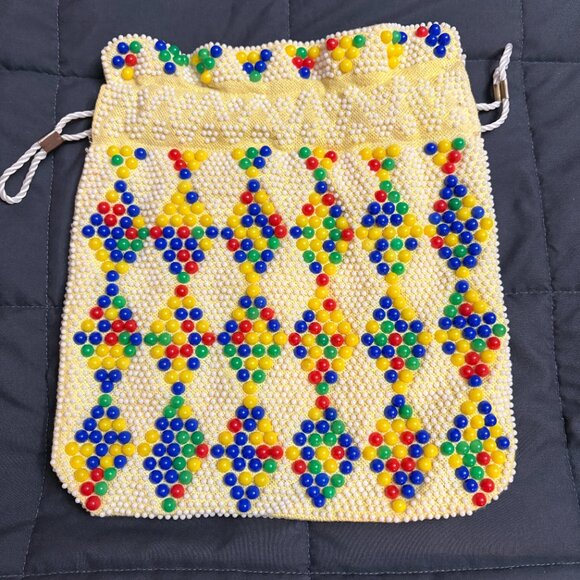 Vintage Reversible 70’s Beaded Drawstring Purse / Sack Boho Hippy Festival Pouch - Picture 4 of 13